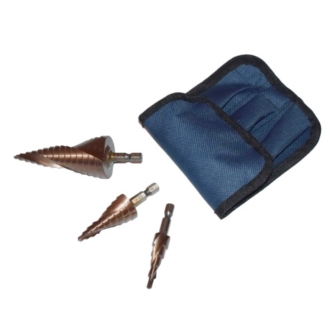 Zestaw wierteł stopniowych kobaltowych HSS-Co 4-12 / 4-20 / 4-32 mm + etui